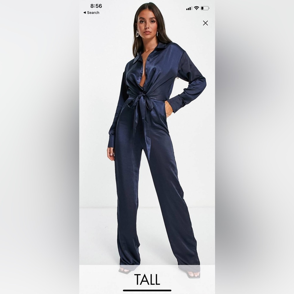 Tall tie front detail satin wide leg jumpsuit in navy.